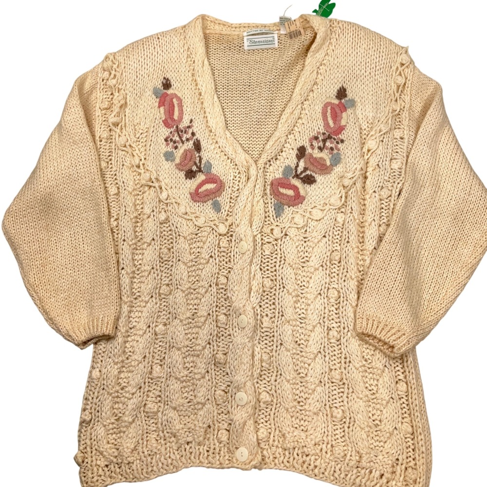 Shenanigans Cardigan Women Medium Cream Floral Embroidery Granny Hand Knit VTG